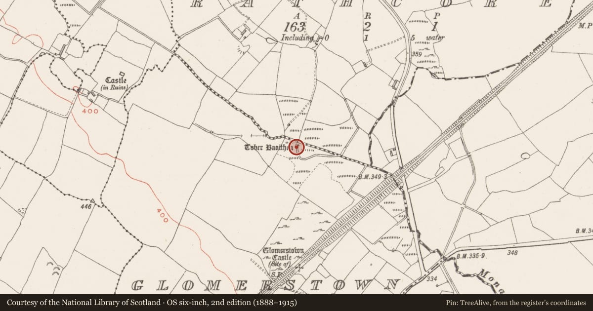 Ordnance Survey six-inch map, 2nd edition (1888–1915) covering the location of Ritual site - holy well, Glomerstown, County Westmeath, with a pin at the register's coordinates