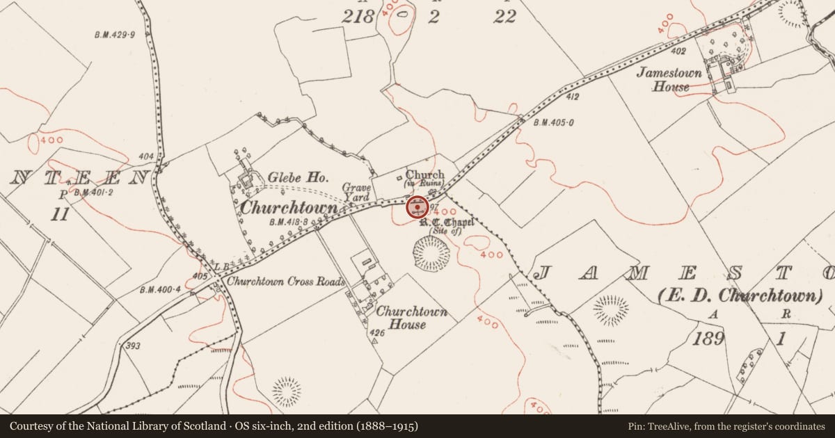 Ordnance Survey six-inch map, 2nd edition (1888–1915) covering the location of Chapel, Milltown, County Westmeath, with a pin at the register's coordinates