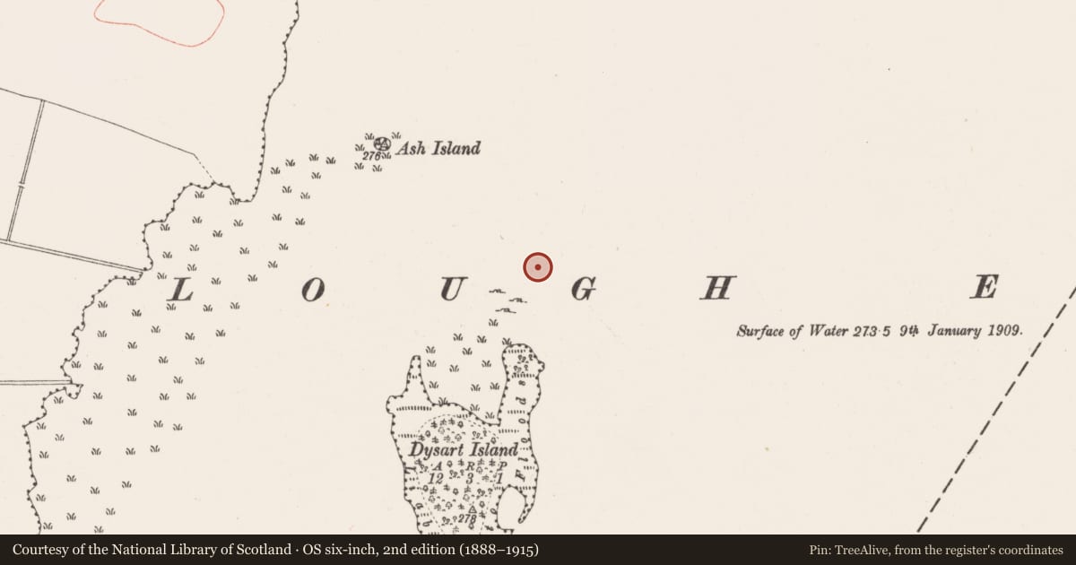 Ordnance Survey six-inch map, 2nd edition (1888–1915) covering the location of Crannog, Lough Ennell, County Westmeath, with a pin at the register's coordinates