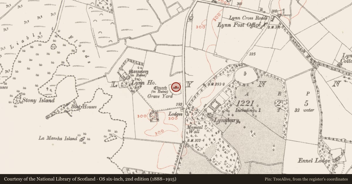 Ordnance Survey six-inch map, 2nd edition (1888–1915) covering the location of Church, Lynn, County Westmeath, with a pin at the register's coordinates