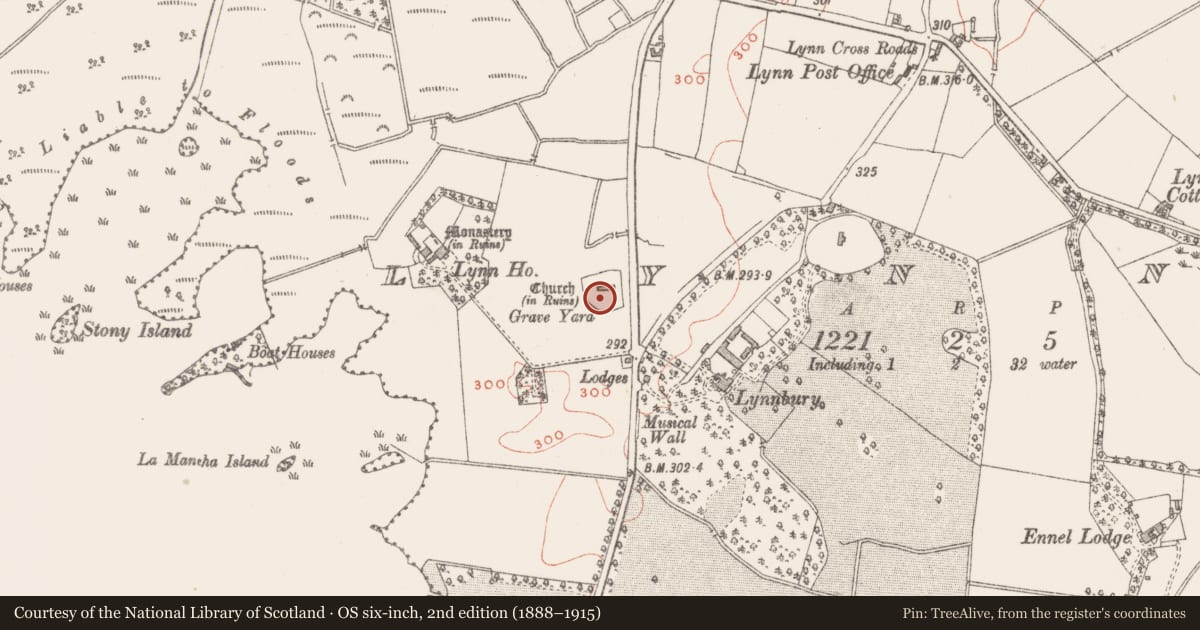 Ordnance Survey six-inch map, 2nd edition (1888–1915) covering the location of Ecclesiastical enclosure, Lynn, County Westmeath, with a pin at the register's coordinates