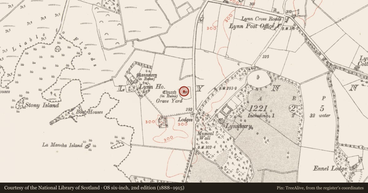 Ordnance Survey six-inch map, 2nd edition (1888–1915) covering the location of Font, Lynn, County Westmeath, with a pin at the register's coordinates