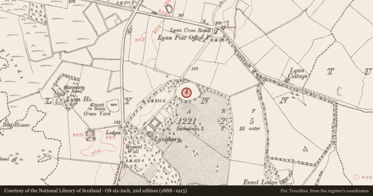 Ordnance Survey six-inch map, 2nd edition (1888–1915) covering the location of Designed landscape feature, Lynn, County Westmeath, with a pin at the register's coordinates