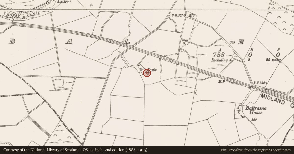 Ordnance Survey six-inch map, 2nd edition (1888–1915) covering the location of Castle - tower house, Baltrasna, County Westmeath, with a pin at the register's coordinates