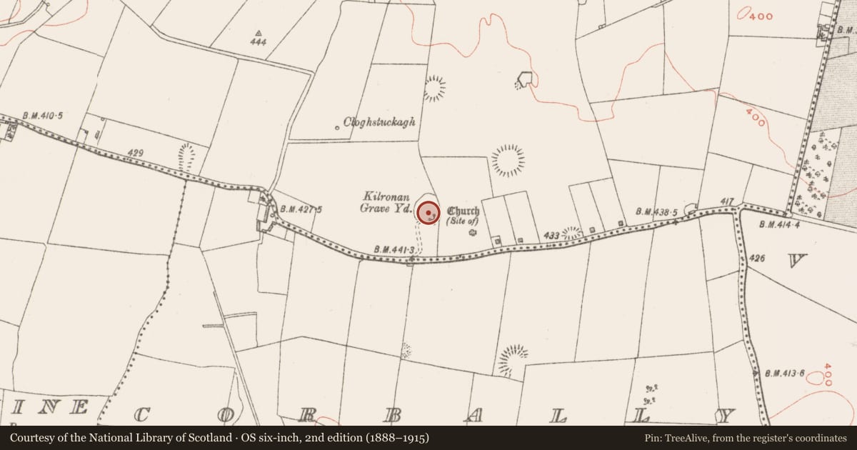 Ordnance Survey six-inch map, 2nd edition (1888–1915) covering the location of Ecclesiastical enclosure, Catherinestown, County Westmeath, with a pin at the register's coordinates
