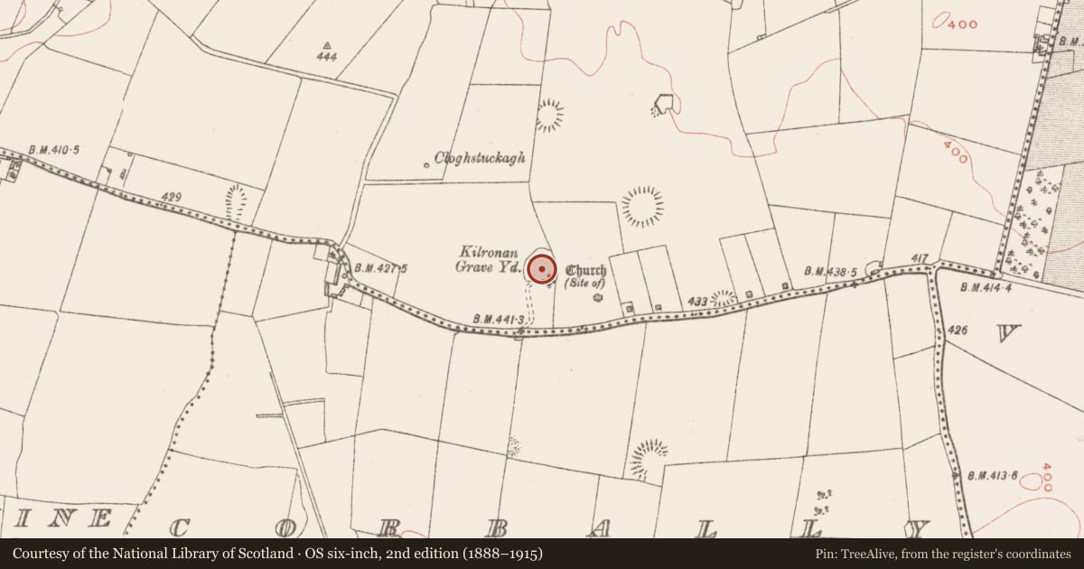 Ordnance Survey six-inch map, 2nd edition (1888–1915) covering the location of Graveyard, Catherinestown, County Westmeath, with a pin at the register's coordinates