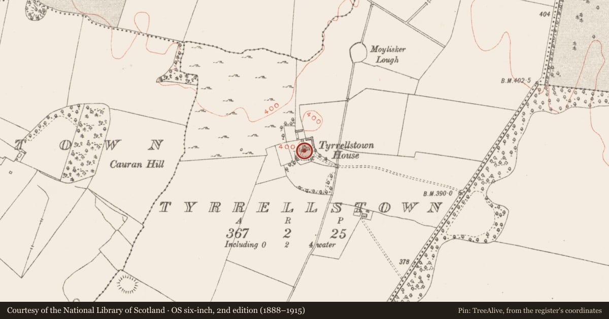 Ordnance Survey six-inch map, 2nd edition (1888–1915) covering the location of Castle - tower house, Tyrrellstown, County Westmeath, with a pin at the register's coordinates