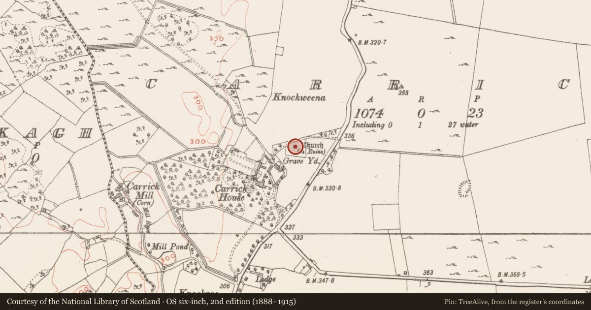Ordnance Survey six-inch map, 2nd edition (1888–1915) covering the location of Church, Carrick, County Westmeath, with a pin at the register's coordinates