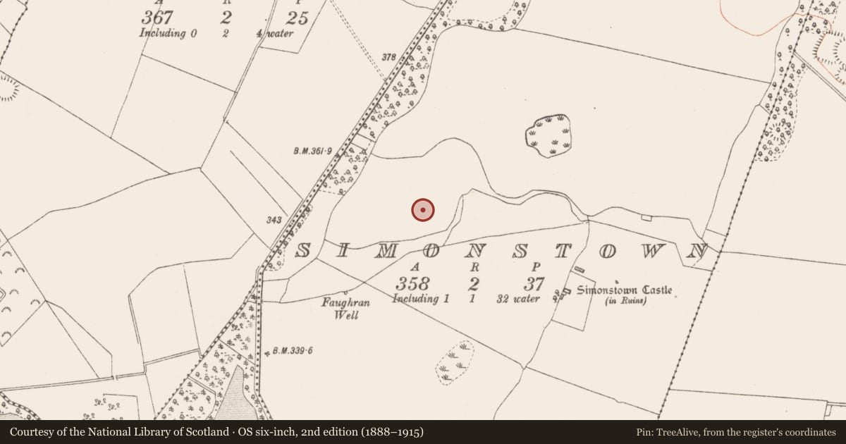 Ordnance Survey six-inch map, 2nd edition (1888–1915) covering the location of Barrow - mound barrow, Simonstown, County Westmeath, with a pin at the register's coordinates
