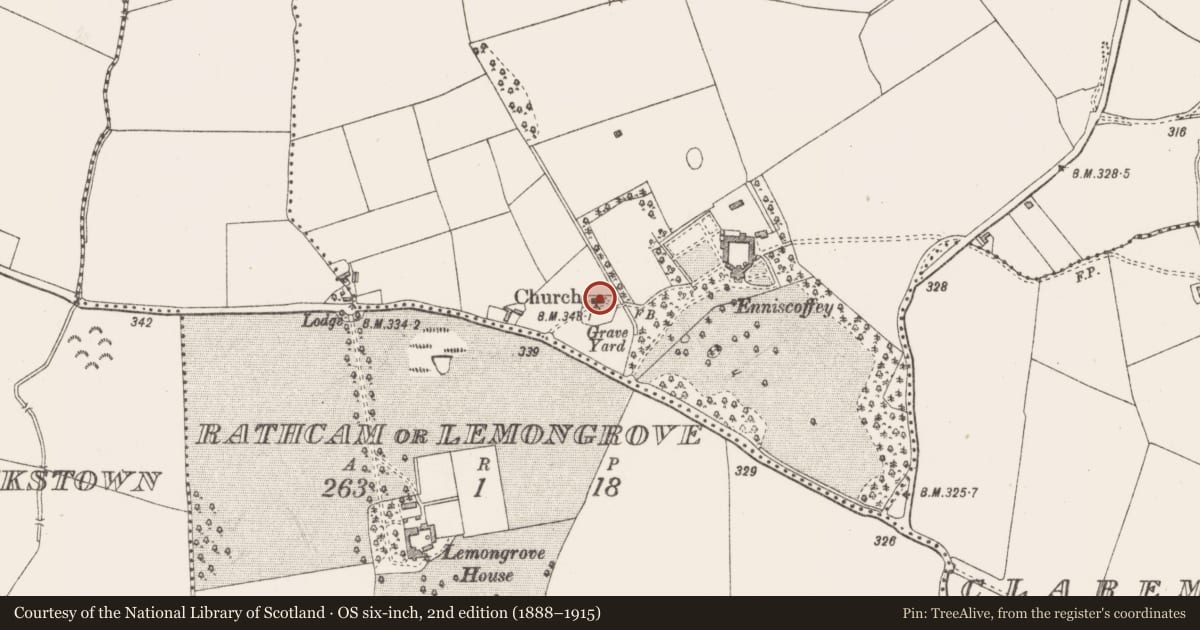Ordnance Survey six-inch map, 2nd edition (1888–1915) covering the location of Church, Enniscoffey Or Caran, County Westmeath, with a pin at the register's coordinates