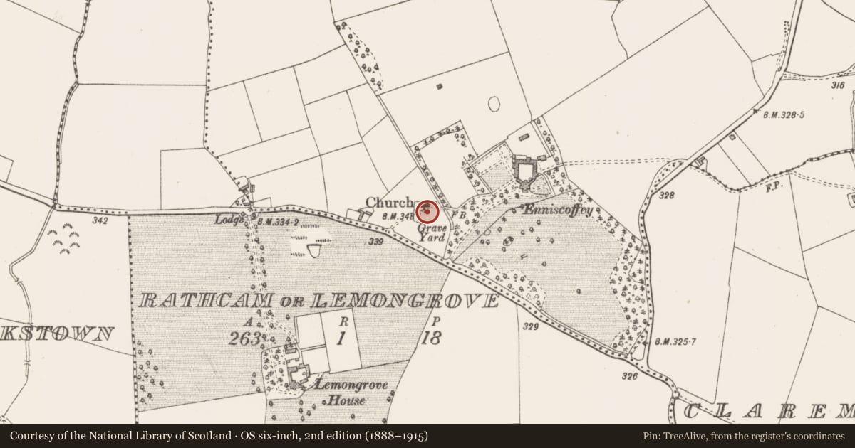 Ordnance Survey six-inch map, 2nd edition (1888–1915) covering the location of Ecclesiastical enclosure, Enniscoffey Or Caran, County Westmeath, with a pin at the register's coordinates