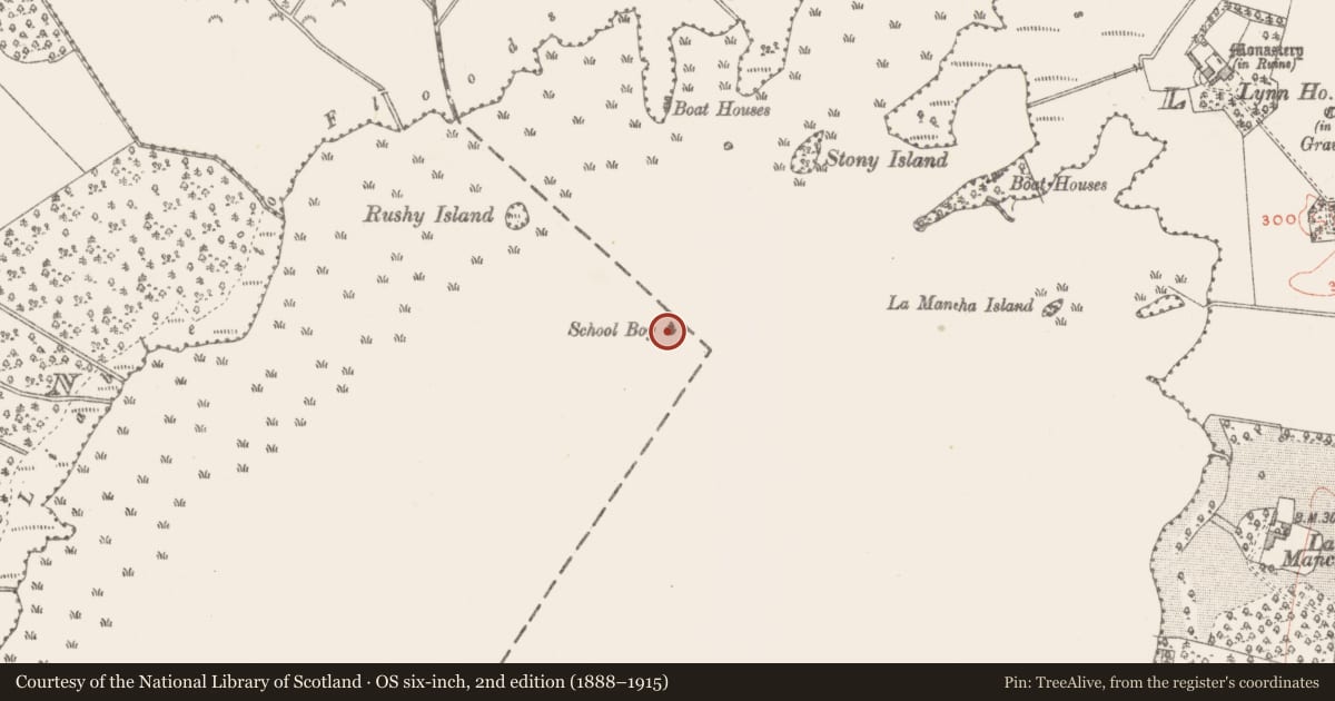 Ordnance Survey six-inch map, 2nd edition (1888–1915) covering the location of Crannog, Schoolboy Island (Lough Ennell), County Westmeath, with a pin at the register's coordinates