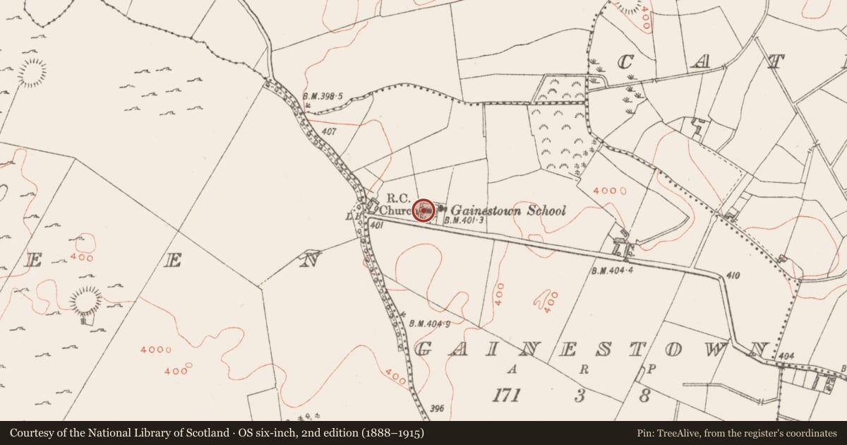 Ordnance Survey six-inch map, 2nd edition (1888–1915) covering the location of Font (present location), Gainestown, County Westmeath, with a pin at the register's coordinates