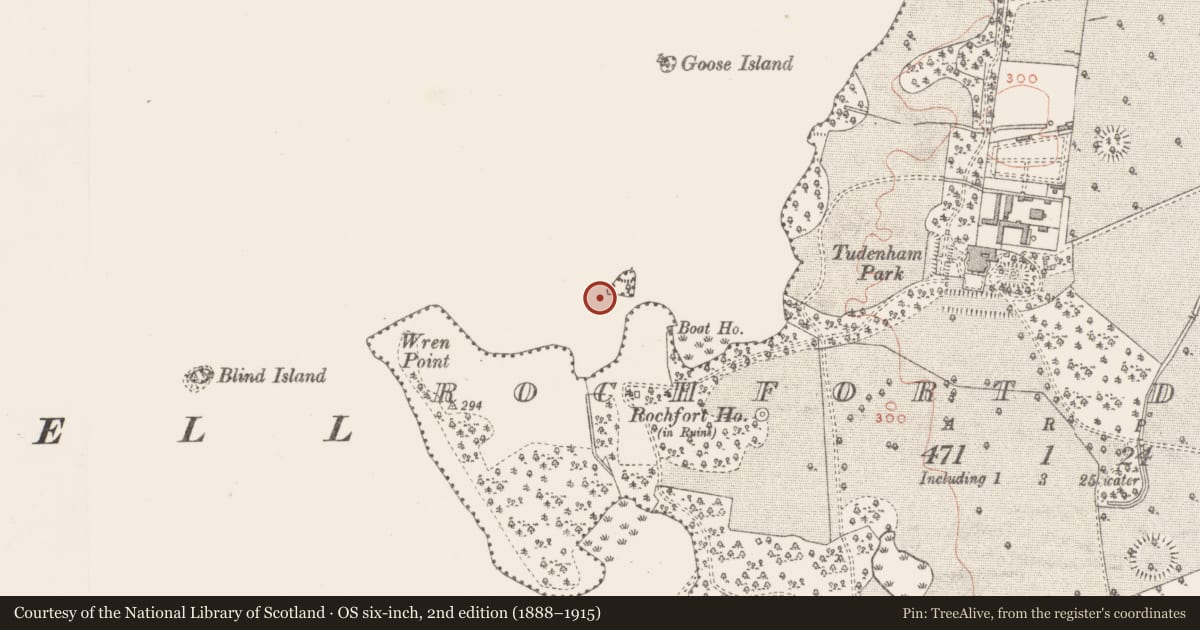 Ordnance Survey six-inch map, 2nd edition (1888–1915) covering the location of Settlement platform, Rochfort Demesne, County Westmeath, with a pin at the register's coordinates