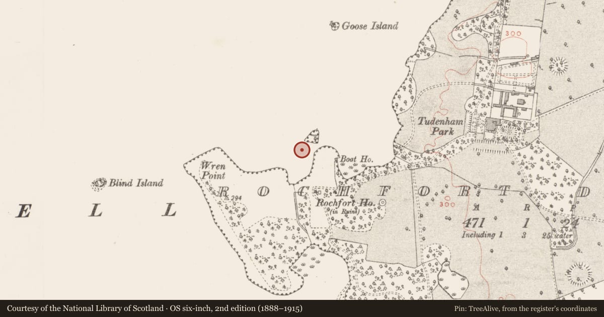 Ordnance Survey six-inch map, 2nd edition (1888–1915) covering the location of Settlement platform, Rochfort Demesne, County Westmeath, with a pin at the register's coordinates