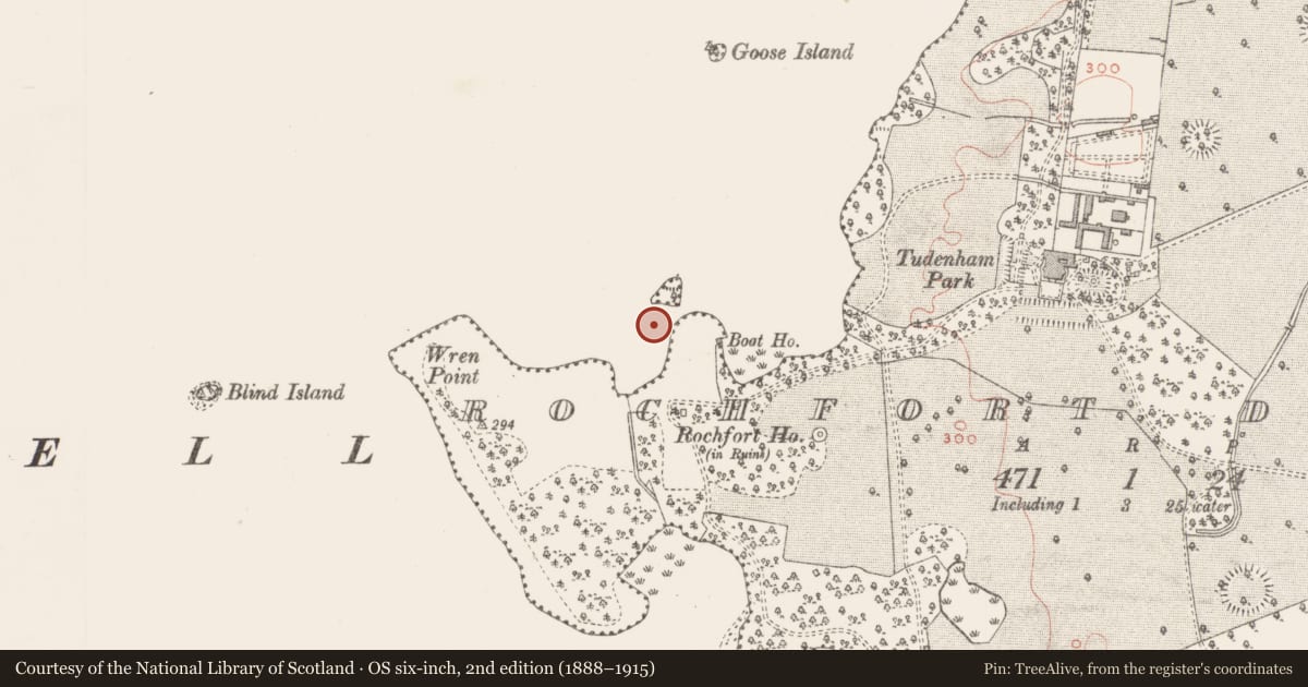Ordnance Survey six-inch map, 2nd edition (1888–1915) covering the location of Settlement platform, Rochfort Demesne, County Westmeath, with a pin at the register's coordinates
