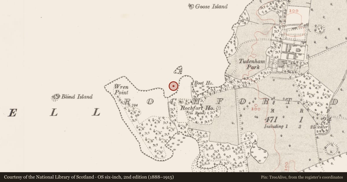 Ordnance Survey six-inch map, 2nd edition (1888–1915) covering the location of Settlement platform, Rochfort Demesne, County Westmeath, with a pin at the register's coordinates