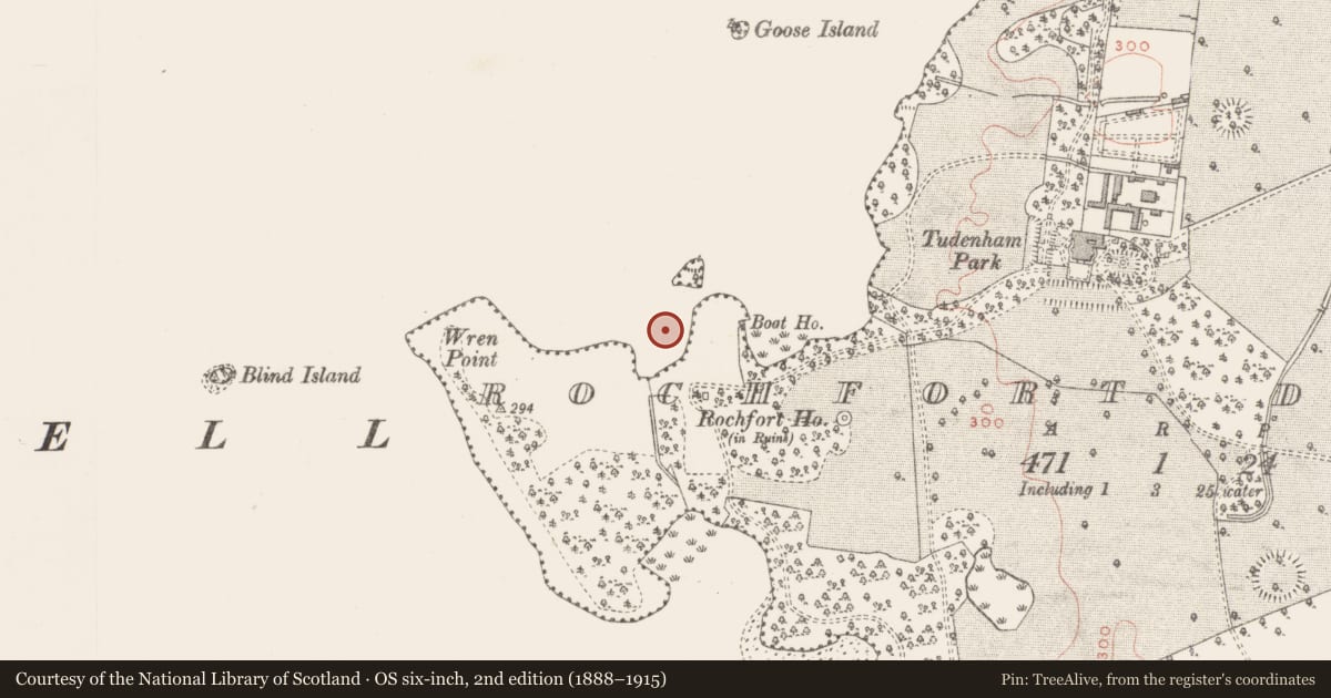 Ordnance Survey six-inch map, 2nd edition (1888–1915) covering the location of Settlement platform, Rochfort Demesne, County Westmeath, with a pin at the register's coordinates