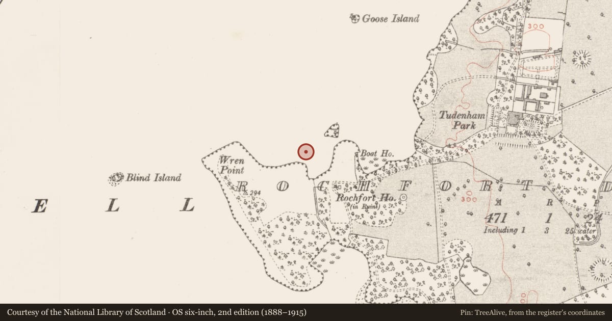 Ordnance Survey six-inch map, 2nd edition (1888–1915) covering the location of Settlement platform, Rochfort Demesne, County Westmeath, with a pin at the register's coordinates