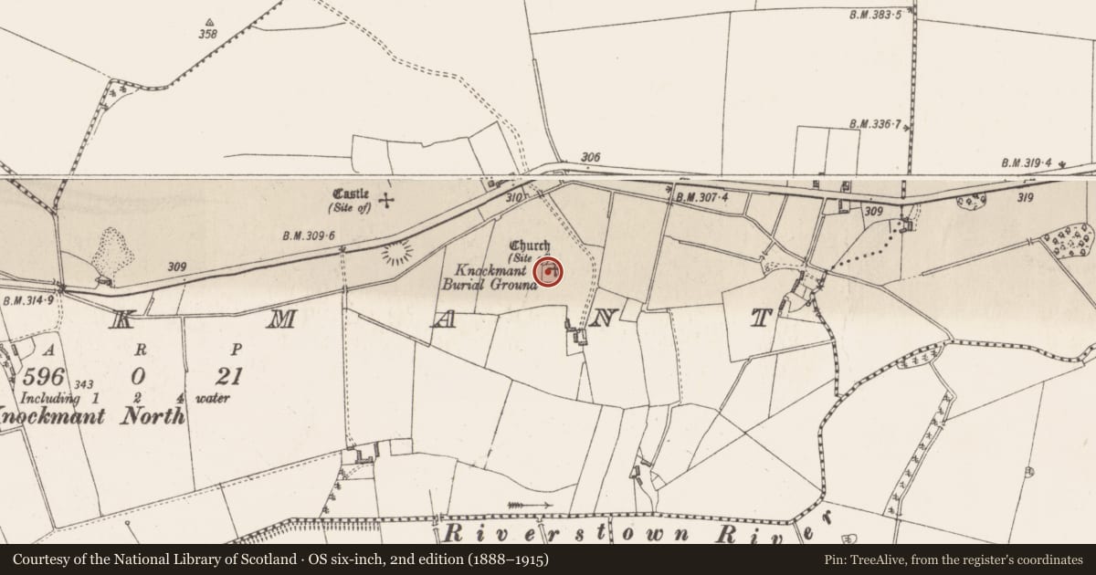 Ordnance Survey six-inch map, 2nd edition (1888–1915) covering the location of Graveyard, Knockmant, County Westmeath, with a pin at the register's coordinates