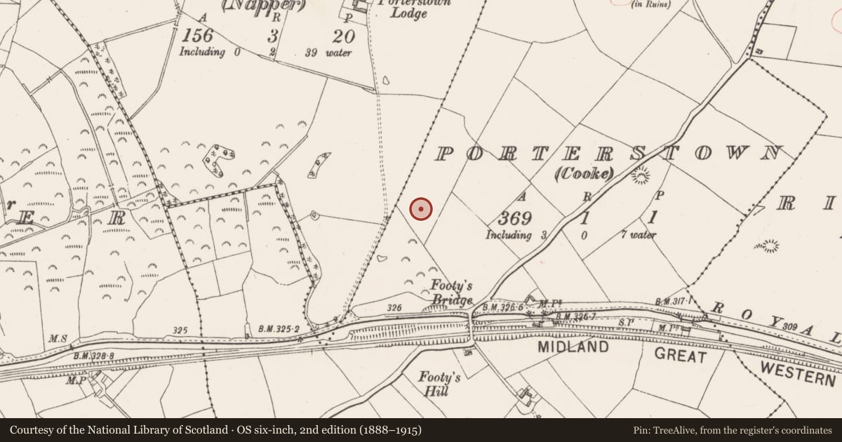 Ordnance Survey six-inch map, 2nd edition (1888–1915) covering the location of Barrow - ring-barrow, Porterstown (Cooke), County Westmeath, with a pin at the register's coordinates