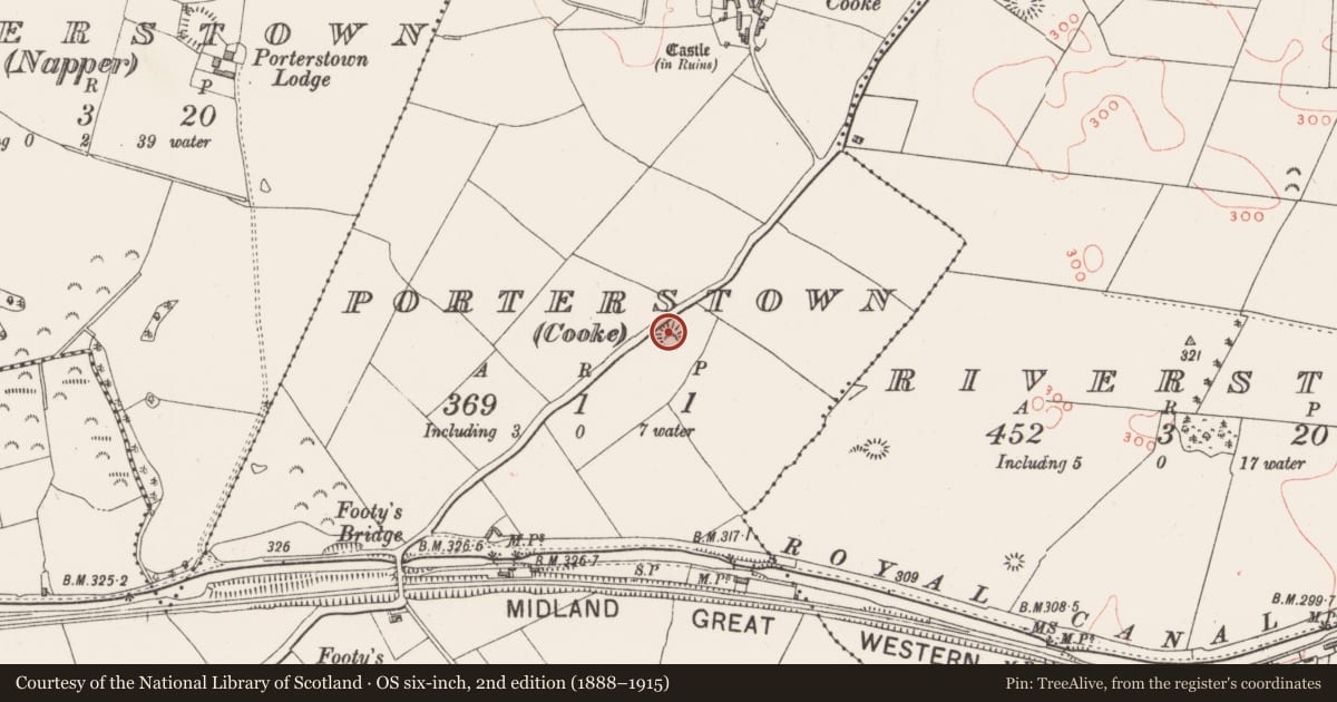 Ordnance Survey six-inch map, 2nd edition (1888–1915) covering the location of Barrow - ring-barrow, Porterstown (Cooke), County Westmeath, with a pin at the register's coordinates