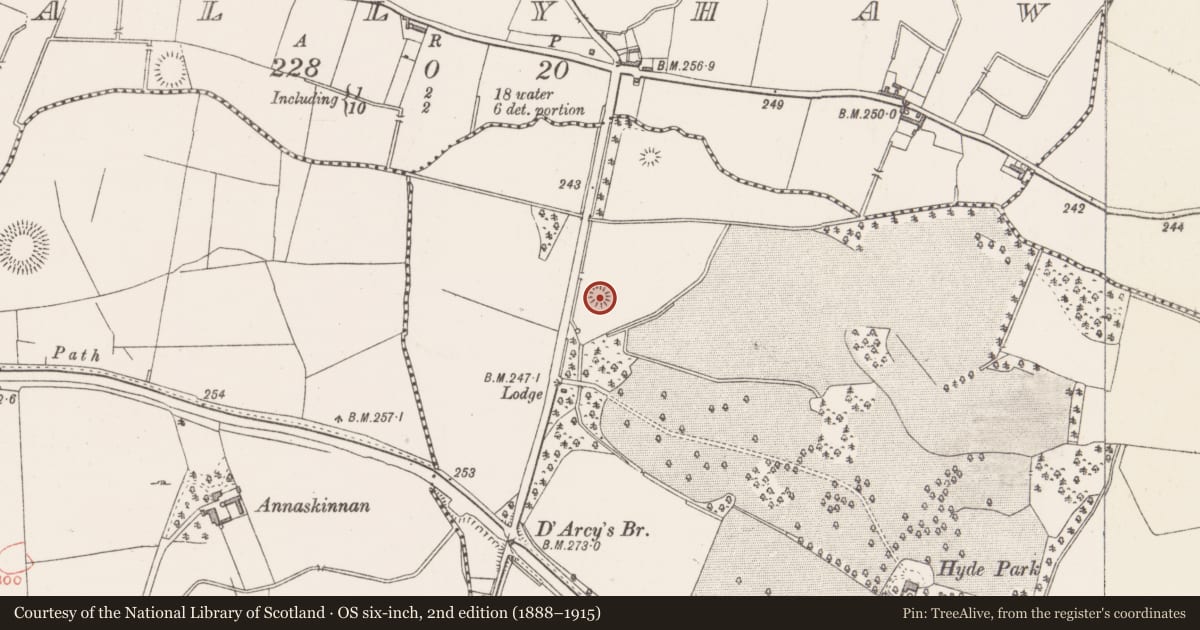 Ordnance Survey six-inch map, 2nd edition (1888–1915) covering the location of Barrow - ditch barrow, Hyde Park, County Westmeath, with a pin at the register's coordinates