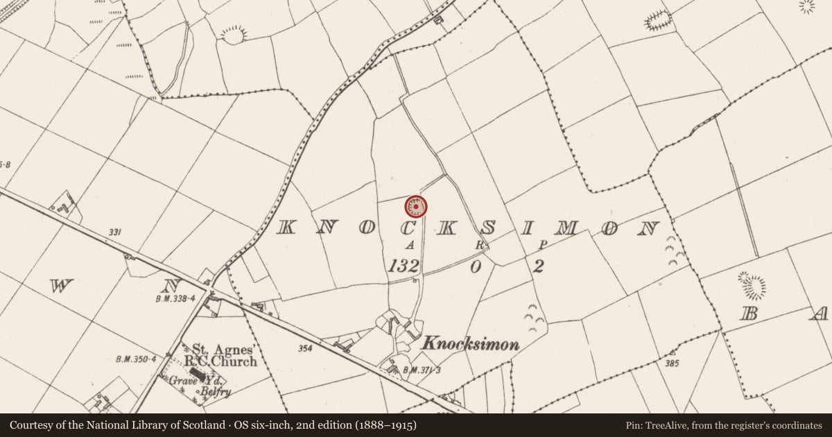 Ordnance Survey six-inch map, 2nd edition (1888–1915) covering the location of Moated site, Knocksimon, County Westmeath, with a pin at the register's coordinates