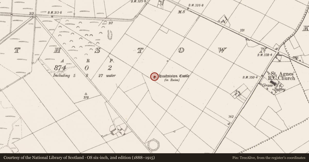 Ordnance Survey six-inch map, 2nd edition (1888–1915) covering the location of Castle - tower house, Heathstown, County Westmeath, with a pin at the register's coordinates