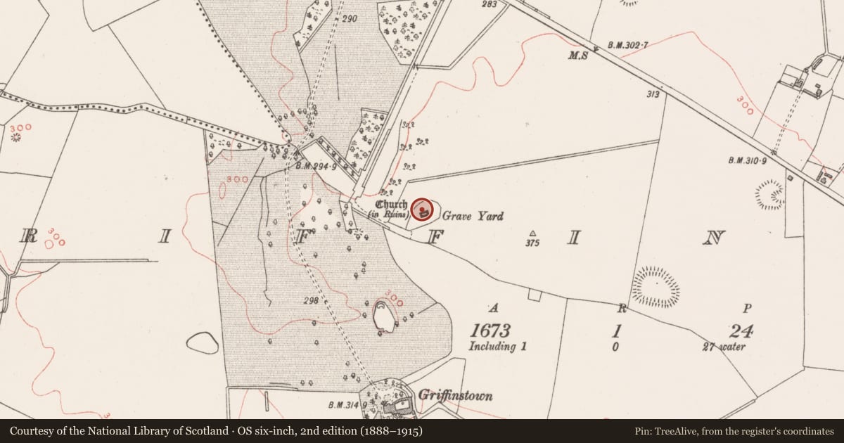 Ordnance Survey six-inch map, 2nd edition (1888–1915) covering the location of Church, Griffinstown, County Westmeath, with a pin at the register's coordinates
