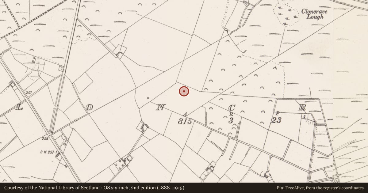 Ordnance Survey six-inch map, 2nd edition (1888–1915) covering the location of Moated site, Cloncrave, County Westmeath, with a pin at the register's coordinates