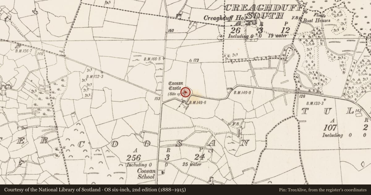 Ordnance Survey six-inch map, 2nd edition (1888–1915) covering the location of Castle - tower house, Coosan, County Westmeath, with a pin at the register's coordinates