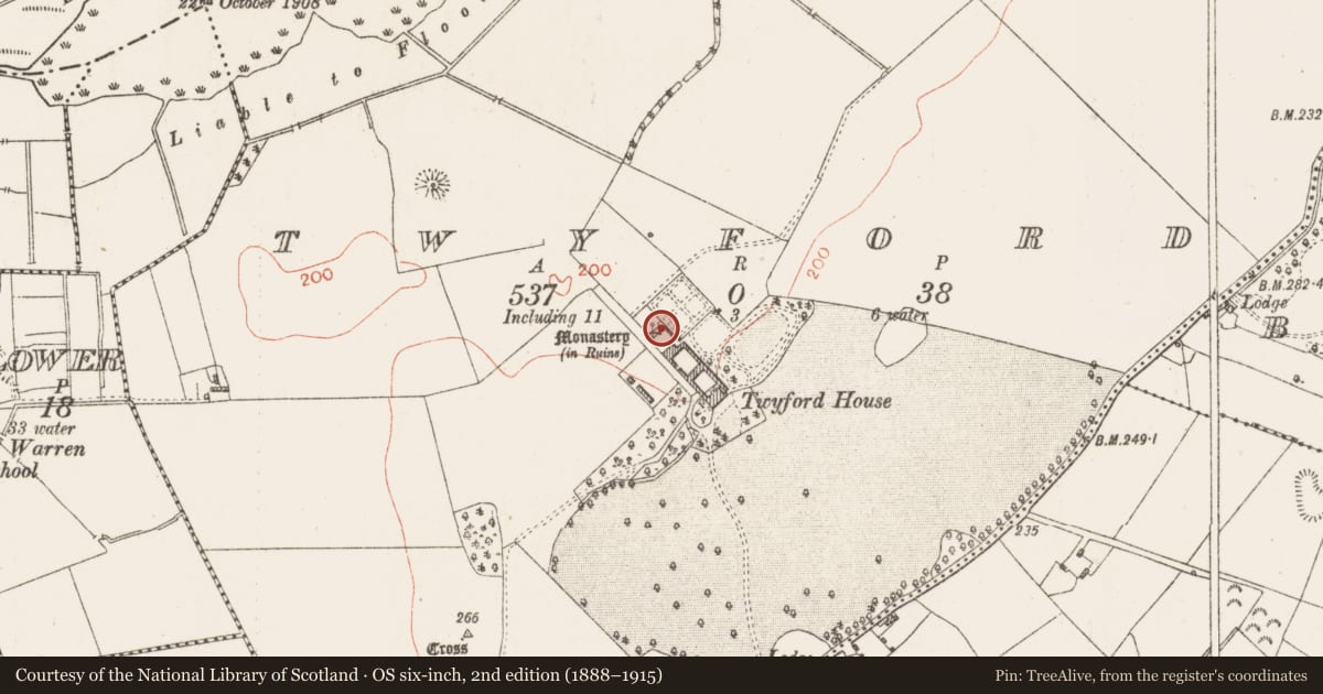 Ordnance Survey six-inch map, 2nd edition (1888–1915) covering the location of Ecclesiastical site, Twyford, County Westmeath, with a pin at the register's coordinates