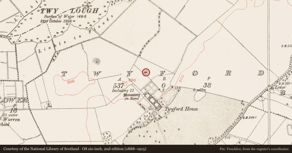 Ordnance Survey six-inch map, 2nd edition (1888–1915) covering the location of Ritual site - holy well, Twyford, County Westmeath, with a pin at the register's coordinates
