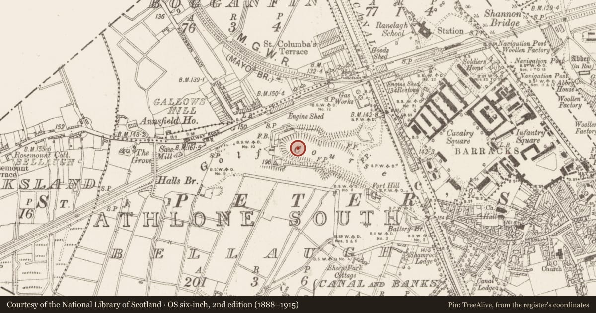 Ordnance Survey six-inch map, 2nd edition (1888–1915) covering the location of Fortification, Bellaugh, County Westmeath, with a pin at the register's coordinates
