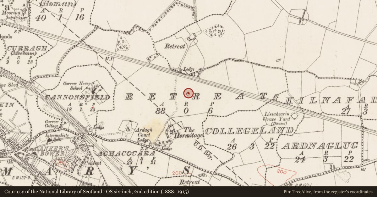Ordnance Survey six-inch map, 2nd edition (1888–1915) covering the location of Military camp, Retreat, County Westmeath, with a pin at the register's coordinates