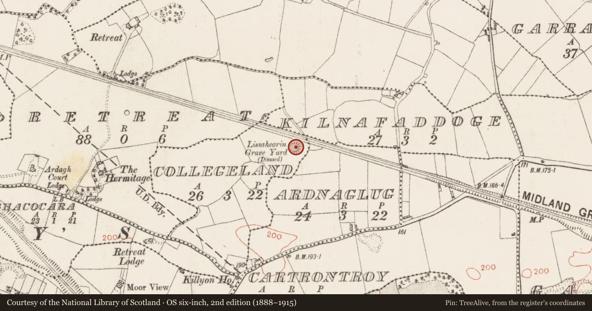 Ordnance Survey six-inch map, 2nd edition (1888–1915) covering the location of Children's burial ground, Collegeland, County Westmeath, with a pin at the register's coordinates