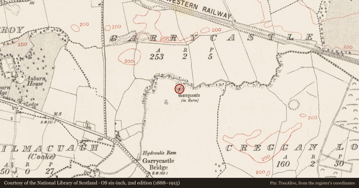 Ordnance Survey six-inch map, 2nd edition (1888–1915) covering the location of House - fortified house, Garrycastle, County Westmeath, with a pin at the register's coordinates