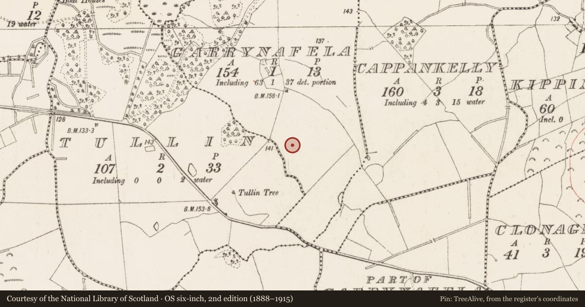 Ordnance Survey six-inch map, 2nd edition (1888–1915) covering the location of Barrow - mound barrow, Garrynafela, County Westmeath, with a pin at the register's coordinates