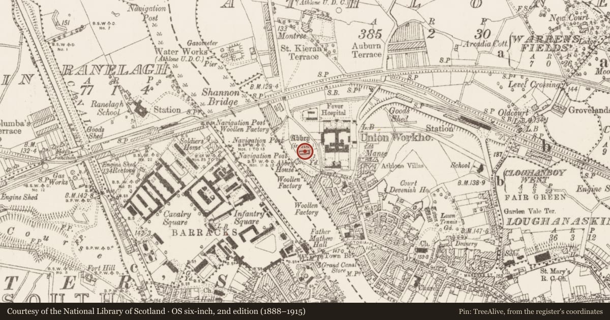 Ordnance Survey six-inch map, 2nd edition (1888–1915) covering the location of Religious house - Franciscan friars, Athlone, County Westmeath, with a pin at the register's coordinates