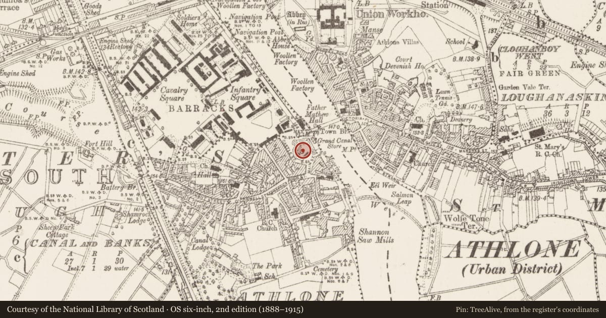 Ordnance Survey six-inch map, 2nd edition (1888–1915) covering the location of Castle - Anglo-Norman masonry castle, Athlone And Bigmeadow, County Westmeath, with a pin at the register's coordinates