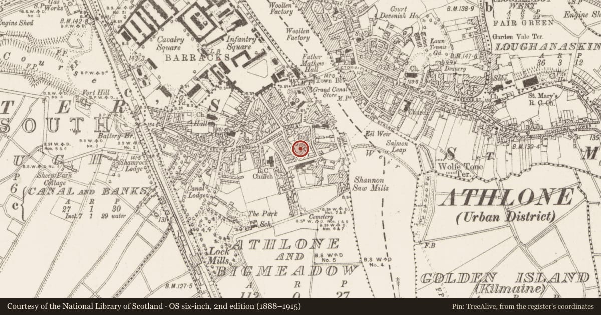Ordnance Survey six-inch map, 2nd edition (1888–1915) covering the location of Religious house - Cluniac monks, Athlone South, County Westmeath, with a pin at the register's coordinates