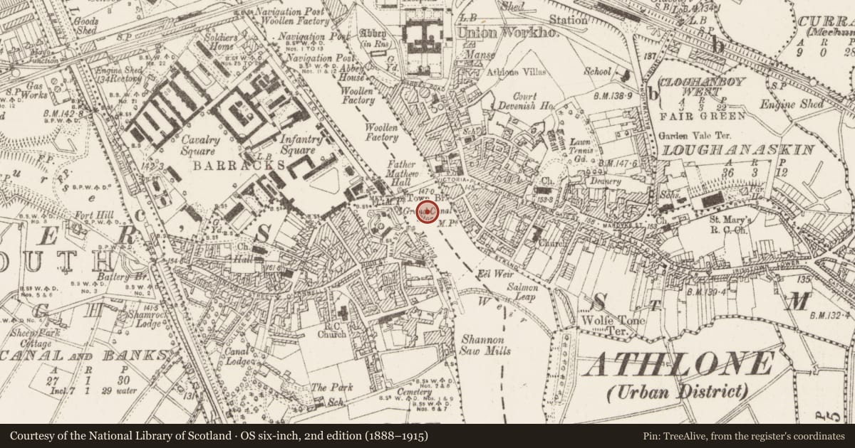 Ordnance Survey six-inch map, 2nd edition (1888–1915) covering the location of Bridge, Athlone, Athlone And Bigmeadow, County Westmeath, with a pin at the register's coordinates