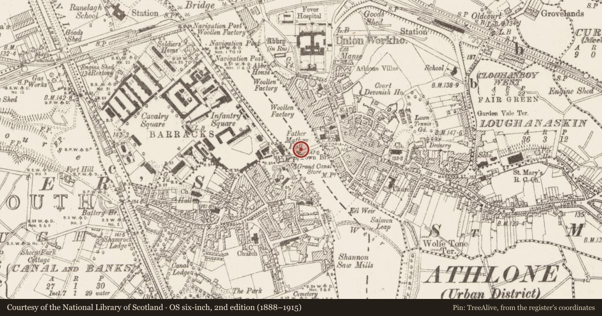 Ordnance Survey six-inch map, 2nd edition (1888–1915) covering the location of Inscribed stone, Athlone, Athlone And Bigmeadow, County Westmeath, with a pin at the register's coordinates