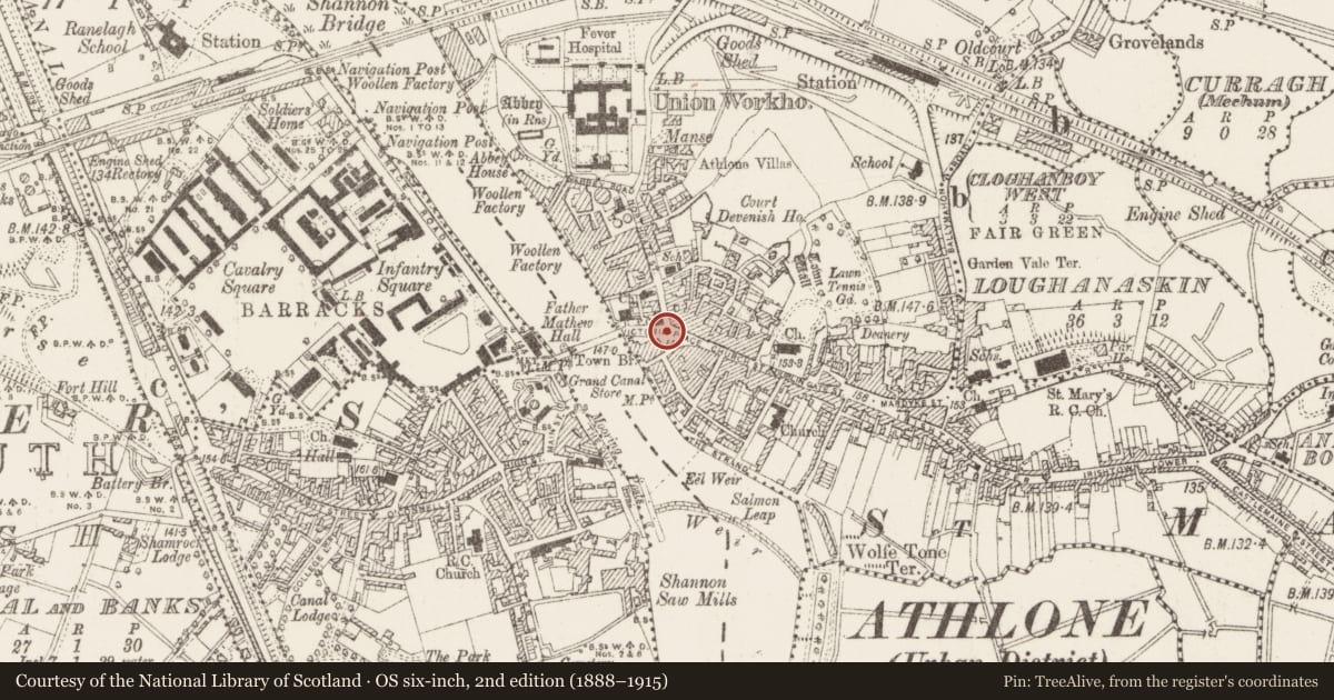 Ordnance Survey six-inch map, 2nd edition (1888–1915) covering the location of Market-house, Athlone, County Westmeath, with a pin at the register's coordinates