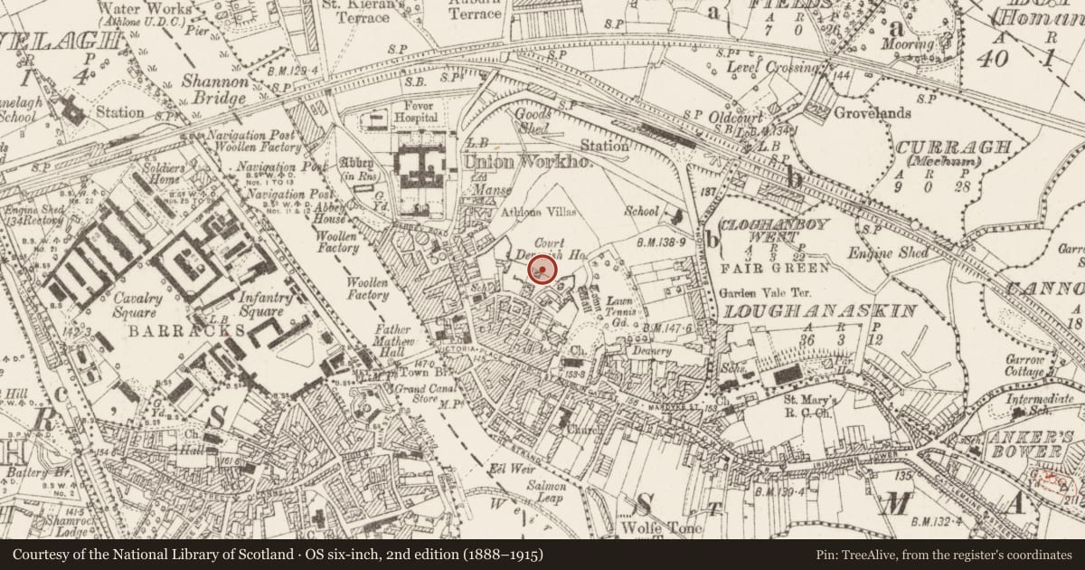 Ordnance Survey six-inch map, 2nd edition (1888–1915) covering the location of Town defences, Athlone, County Westmeath, with a pin at the register's coordinates