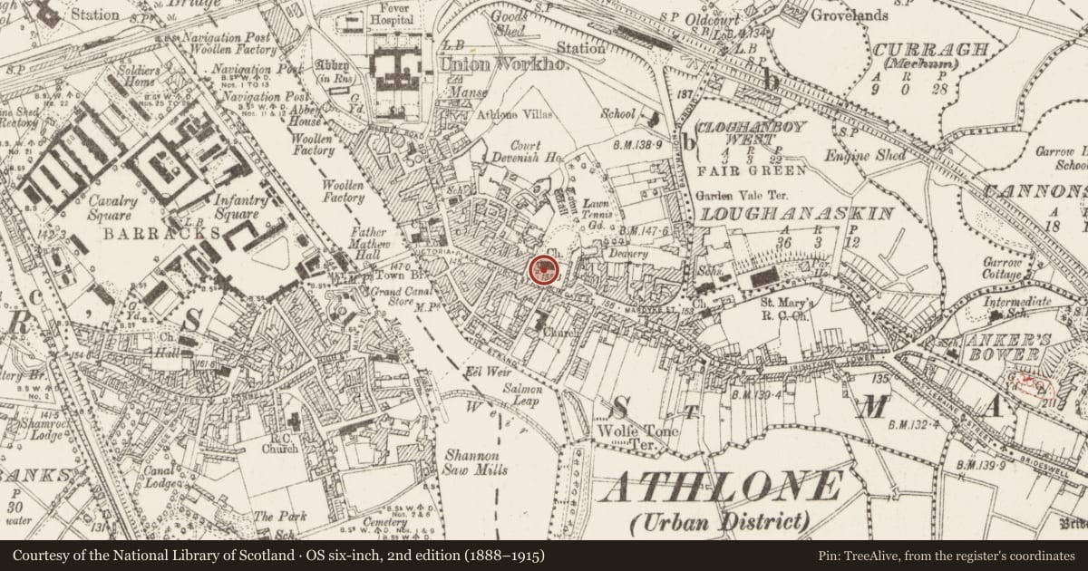 Ordnance Survey six-inch map, 2nd edition (1888–1915) covering the location of Church, Athlone, County Westmeath, with a pin at the register's coordinates