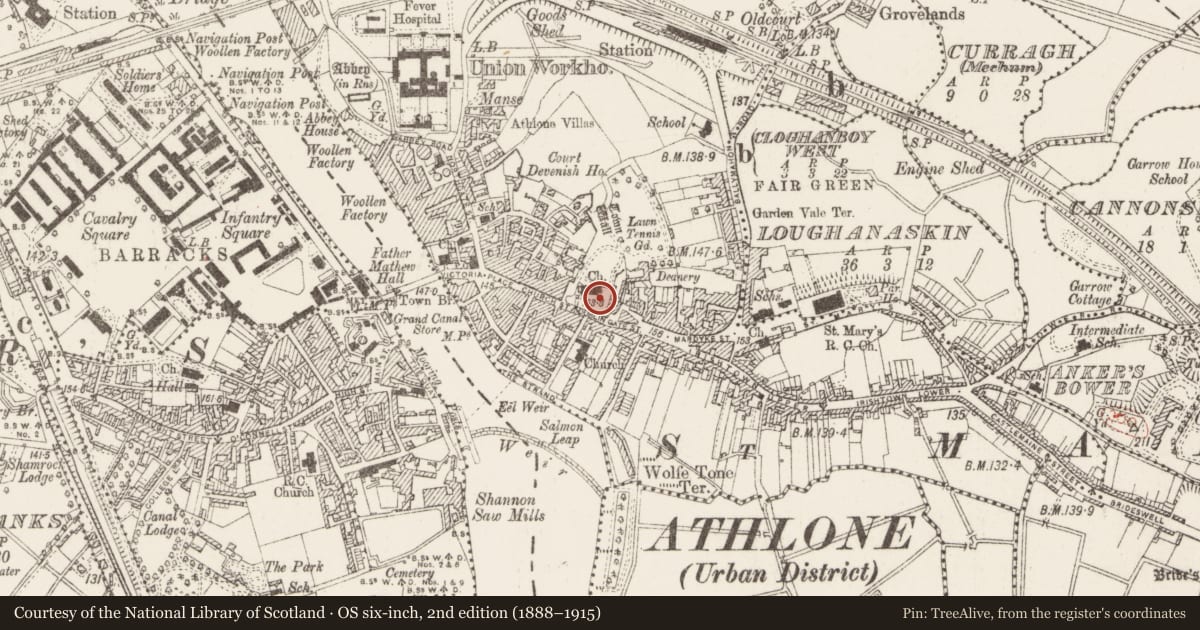 Ordnance Survey six-inch map, 2nd edition (1888–1915) covering the location of Graveyard, Athlone, County Westmeath, with a pin at the register's coordinates