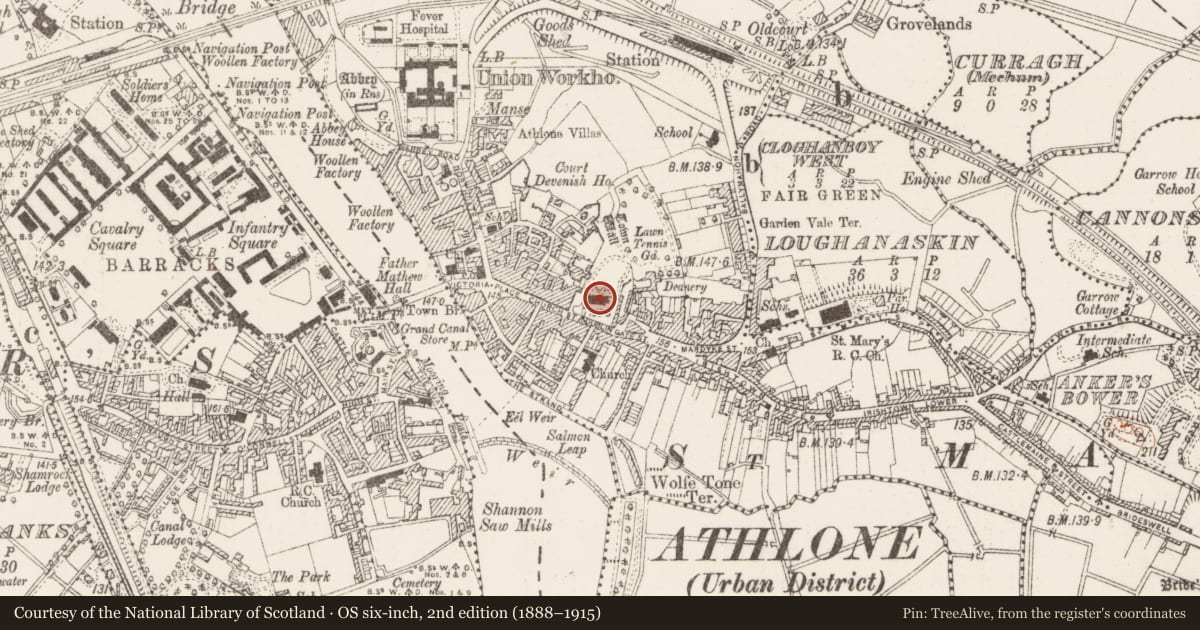 Ordnance Survey six-inch map, 2nd edition (1888–1915) covering the location of Church, Athlone, County Westmeath, with a pin at the register's coordinates