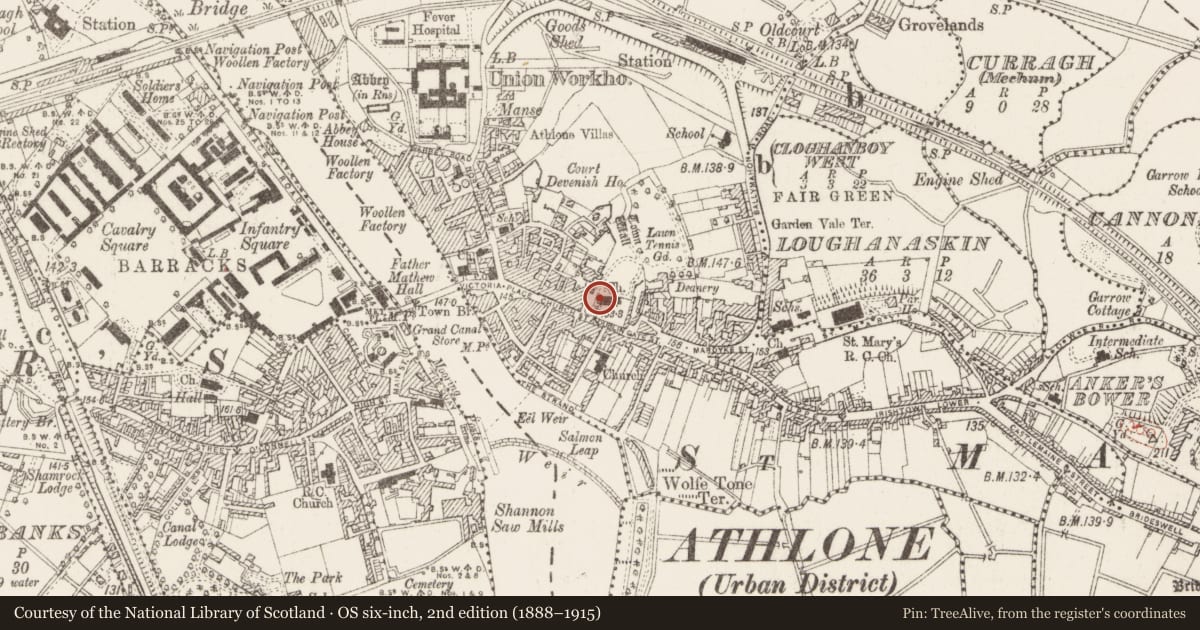Ordnance Survey six-inch map, 2nd edition (1888–1915) covering the location of Boundary stone, Athlone, Athlone And Bigmeadow, County Westmeath, with a pin at the register's coordinates